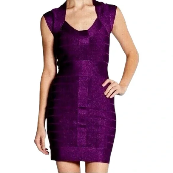 FRENCH CONNECTION Vintage SIZE 6 DEEP PURPLE BANDAGE BODYCON MINI stretchy DRESS - Picture 2 of 12